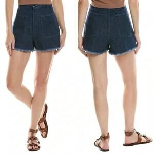 THE GREAT. The Sailor High Rise Denim Frayed Shorts in RINSW Cotton/Hemp Size 25